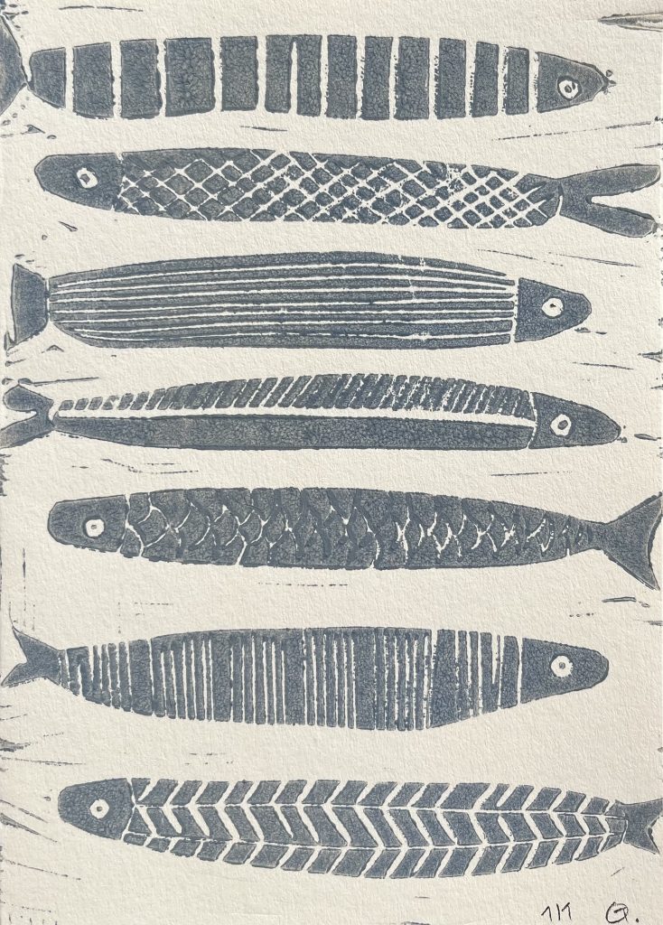 Fischzug
LiNOLDRUCK
10,5 × 14,8 cm
AUFLAGE 6 EXEMPLARE
25 €